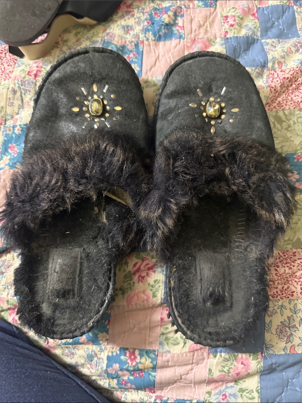 UGG Black Faux Fur Slip-On Slippers with Jewel Embellishment